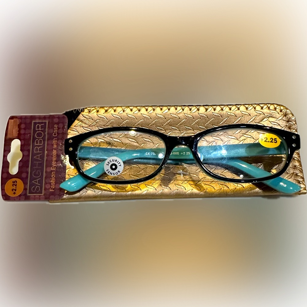SAGHARBOR 2.25 READERS GLASSES ADULT TURQUOISE BLACK BRONZE CASE FASHION EYEWEAR